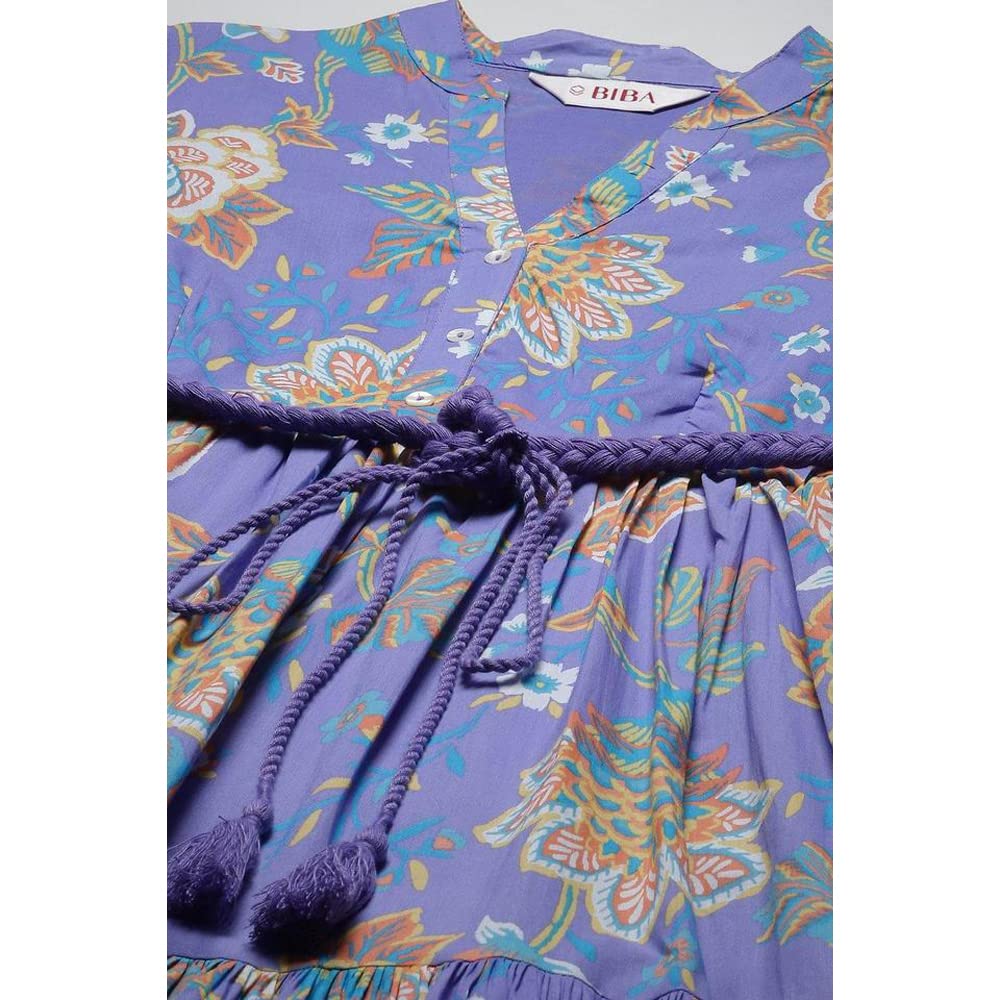 BIBA Women's Lilac Cotton Tiered Printed Maxi Dress