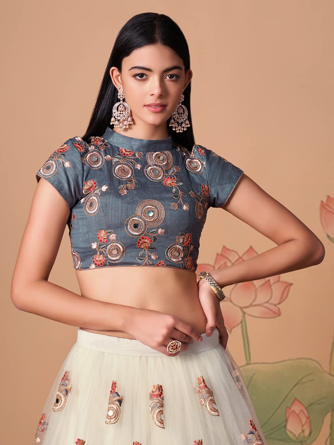 Zeel Clothing Women's Net Embroidered Semi-Stitched Bridal New Lehenga Choli with Dupatta (7322-OffWhite-Wedding-Bridal-Latest; Free Size) (Off-White)