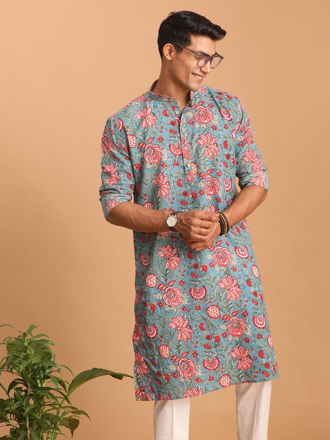 VASTRAMAY Men’s Cotton Regular Fit Regular Aqua Kurta | Elegant Ethnic Wear for Weddings & Festive Celebrations