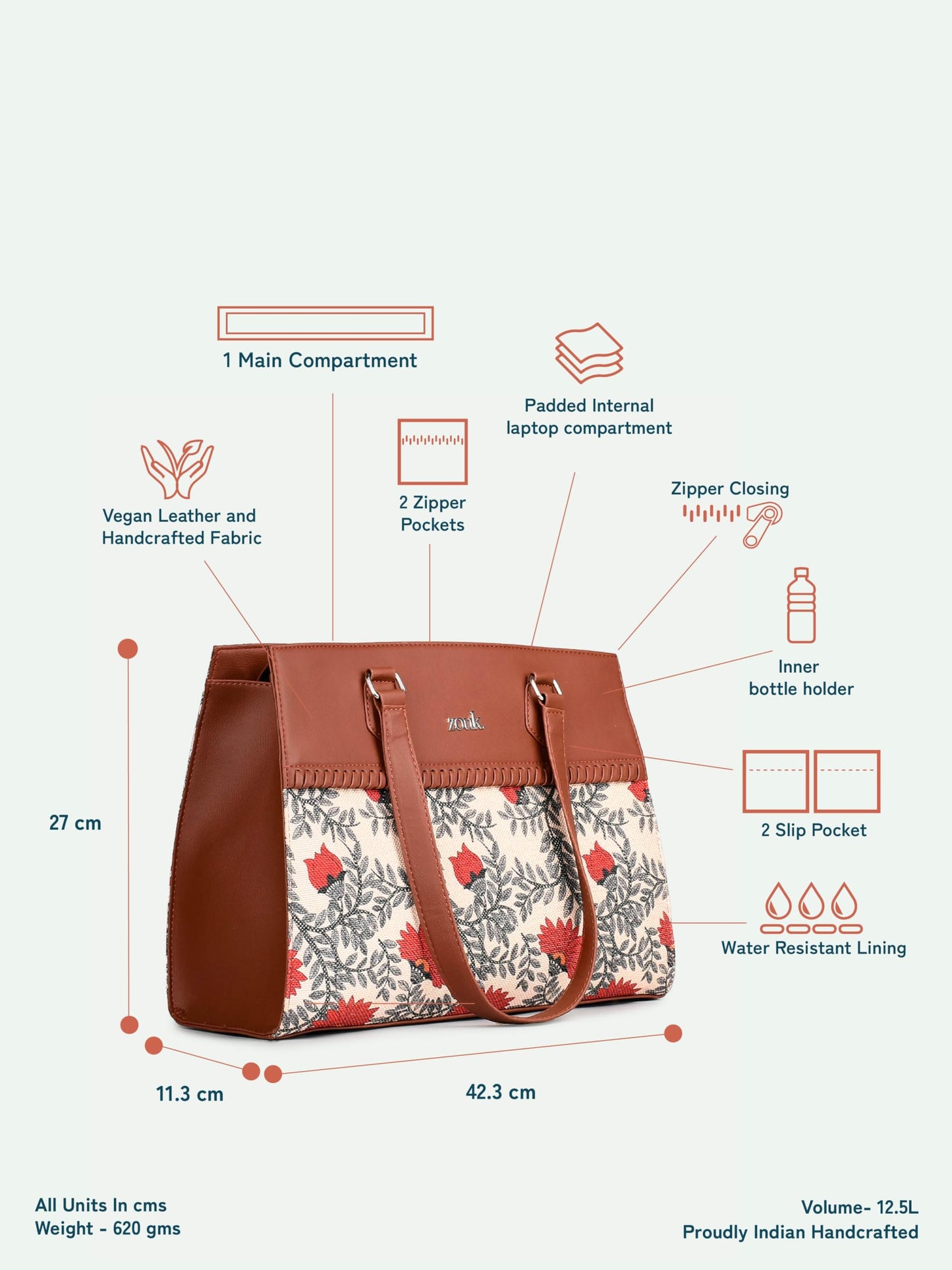 ZOUK Nawabi Couture Statement Business Bag | Jute | Vegan Leather Handcrafted Shoulder Bag Ideal For Office Use| Beige and Red