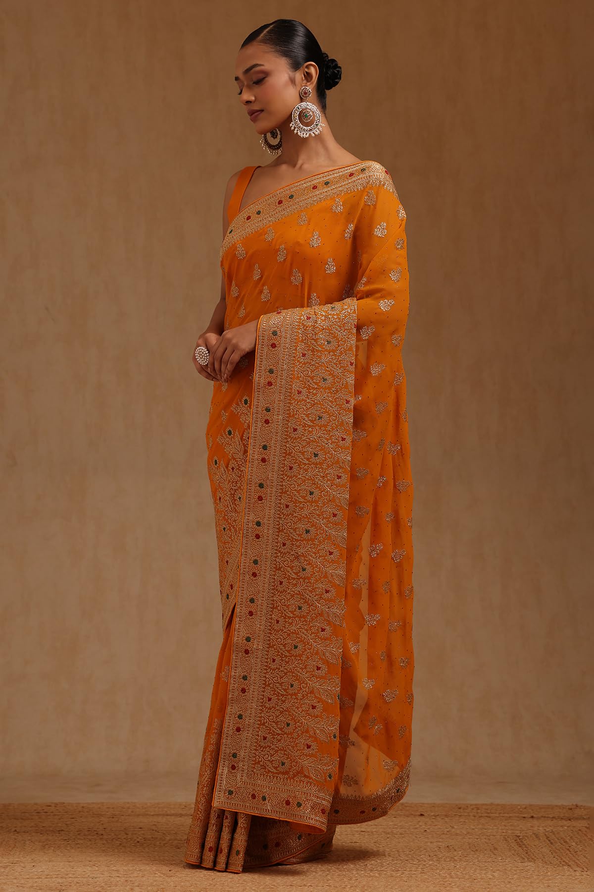 Soch Womens Mustard Georgette Embroidered Saree With Zari