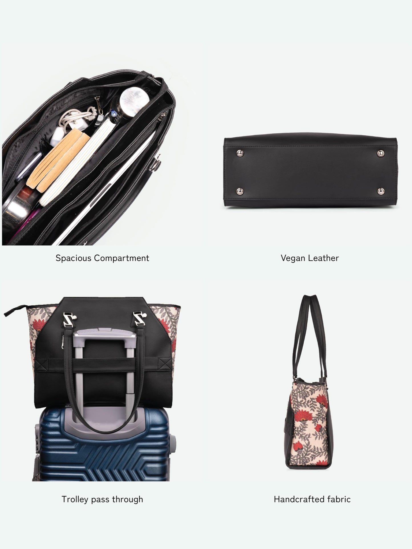 ZOUK Nawabi Couture Floral Printed Jute Handcrafted Vegan Leather Black Women's Check-point Friendly Classic Business Bag