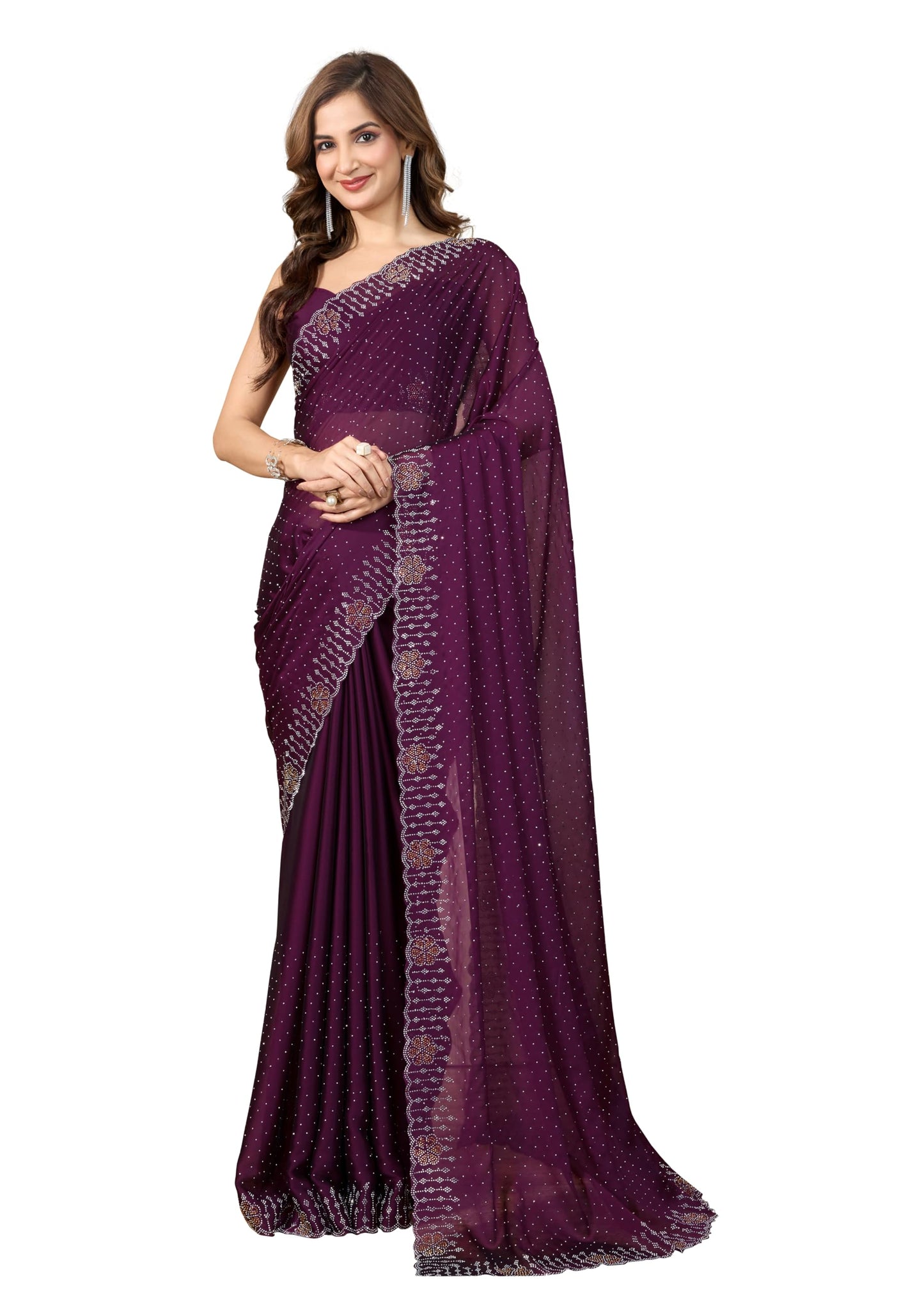 TRENDMALLS Women's Silk Siroski Work Saree with Unstitch Blouse Piece (K1155-Purple)
