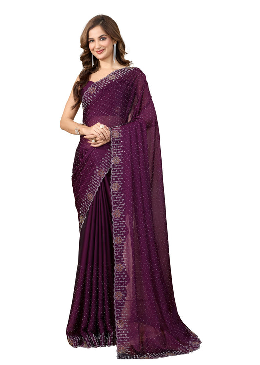 TRENDMALLS Women's Silk Siroski Work Saree with Unstitch Blouse Piece (K1155-Purple)