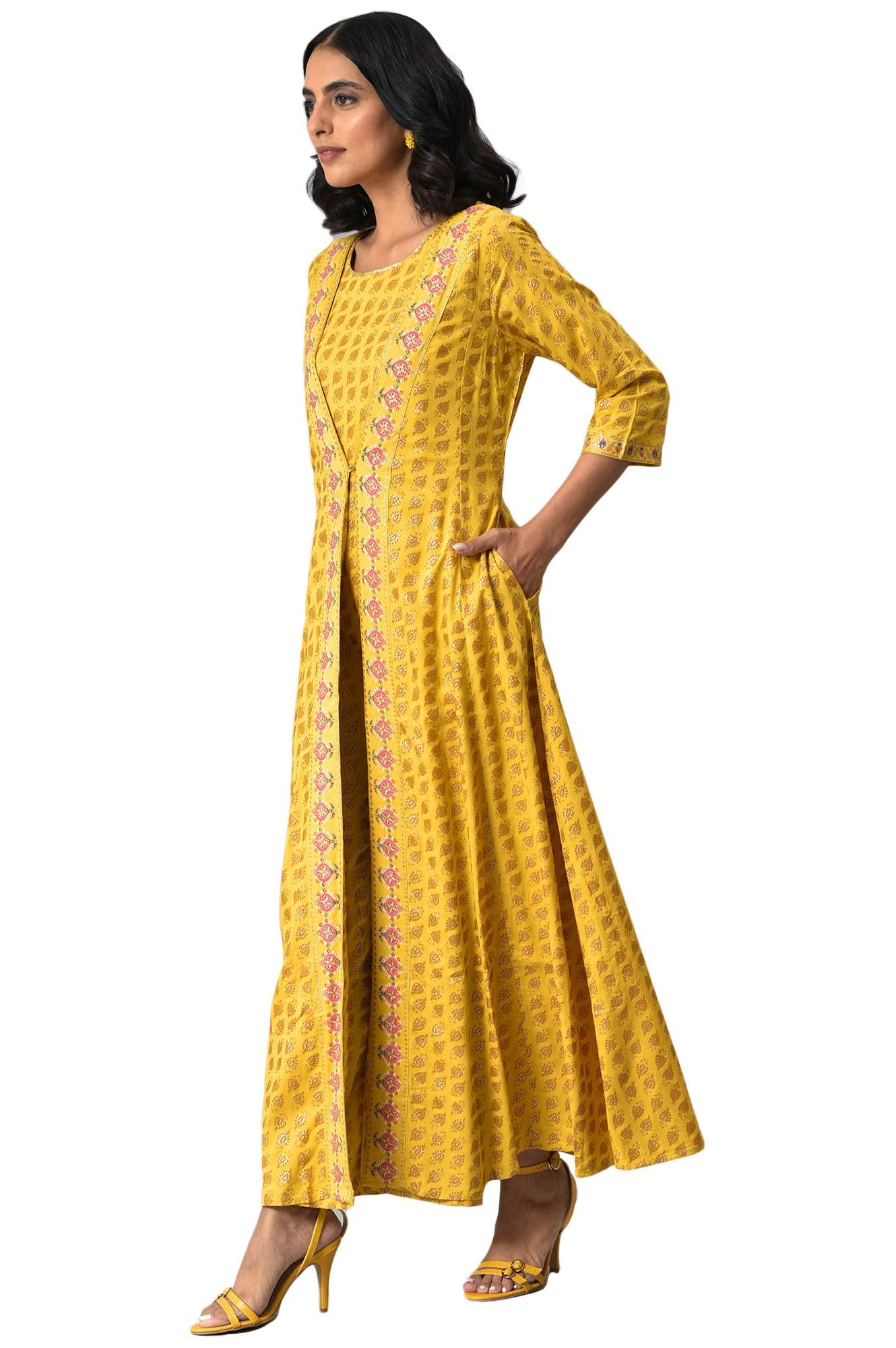 W for Woman Women's Yellow Glitter Printed Mock Layered Embellished Kimono Maxi Jumpsuit_22Auw18353-119801_3XL