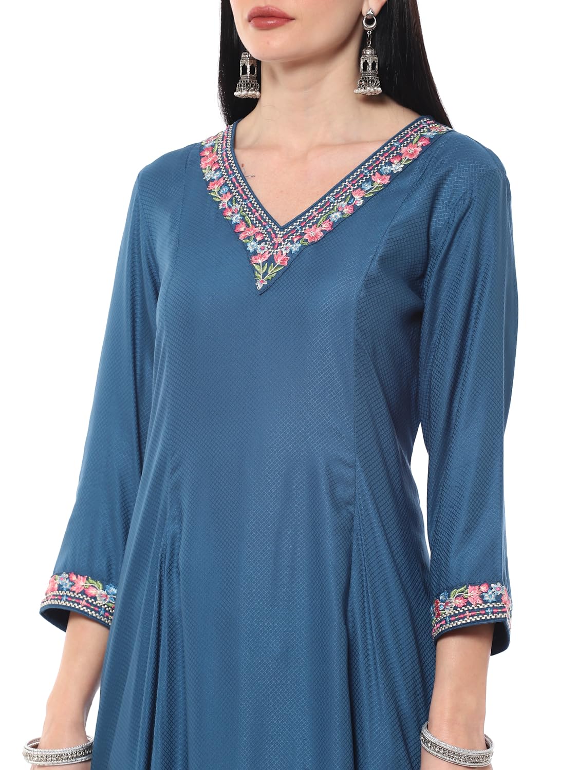 BIBA Women YARNDYED KALIDAR SALWAR KURTA DUPATTA(SKDKIAARA9445_TEAL_38)