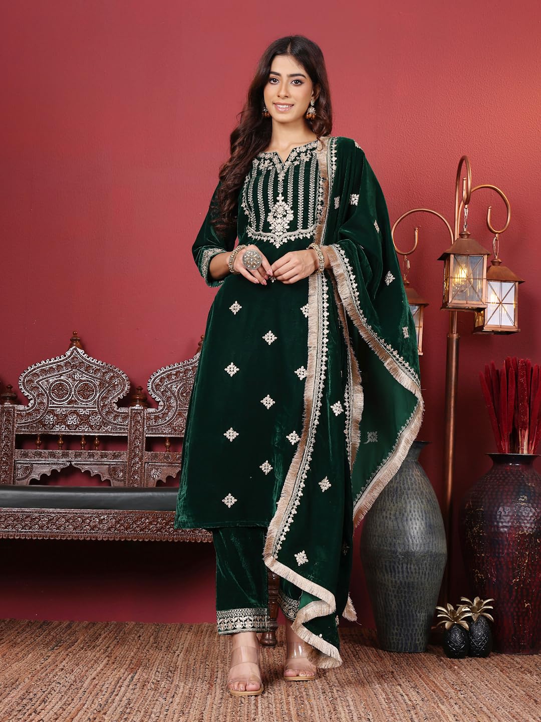 Varanga Women Green Velvet Round Neck Yoke Embroidered Straight Kurta Paired With Tonal Bottom And Embroidered Dupatta With Four Sided Fringes