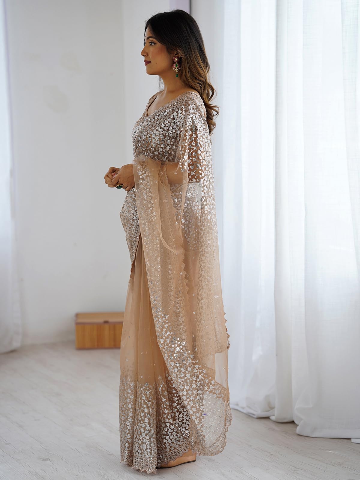 Satrani Women's Net Scalloped Border Sequin Embroidery Saree with Unstitched Blouse Piece (4633S124N_Dark Beige)