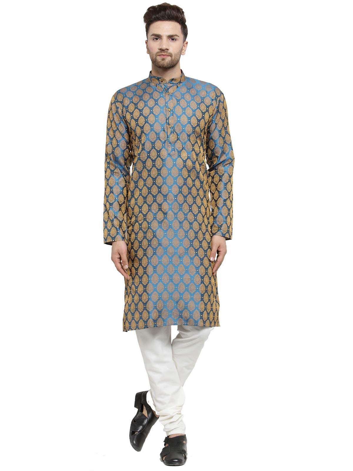 Jompers Men's Jacquard Silk Kurta and Pyjama(Blue,M)