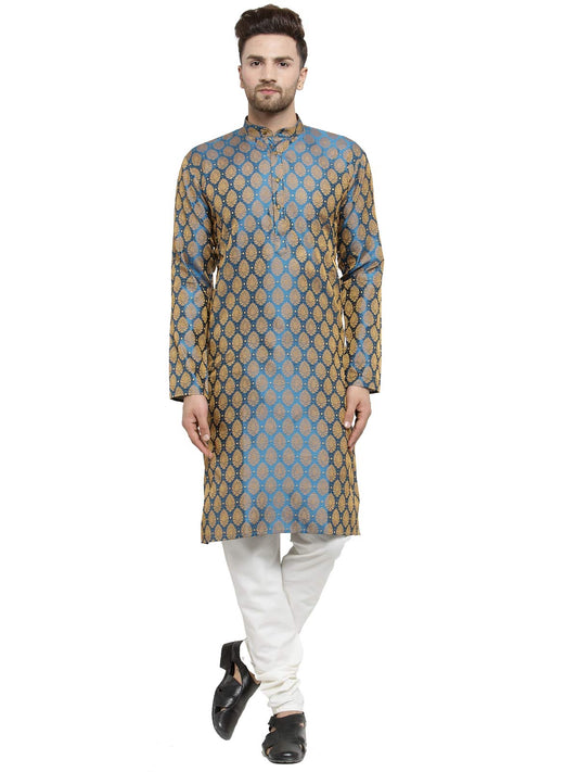Jompers Men's Jacquard Silk Kurta and Pyjama(Blue,M)