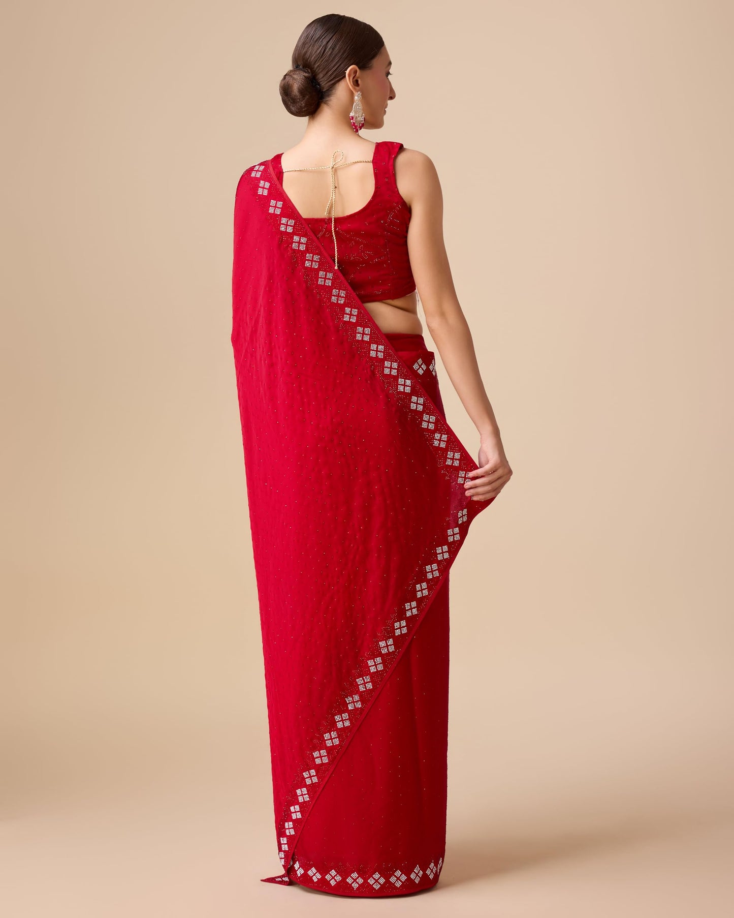 Monjolika Fashion Women's Satin Silk Saree in Red Color with Pearl Swarovski Stone work Comes With Unstitched Blouse Piece