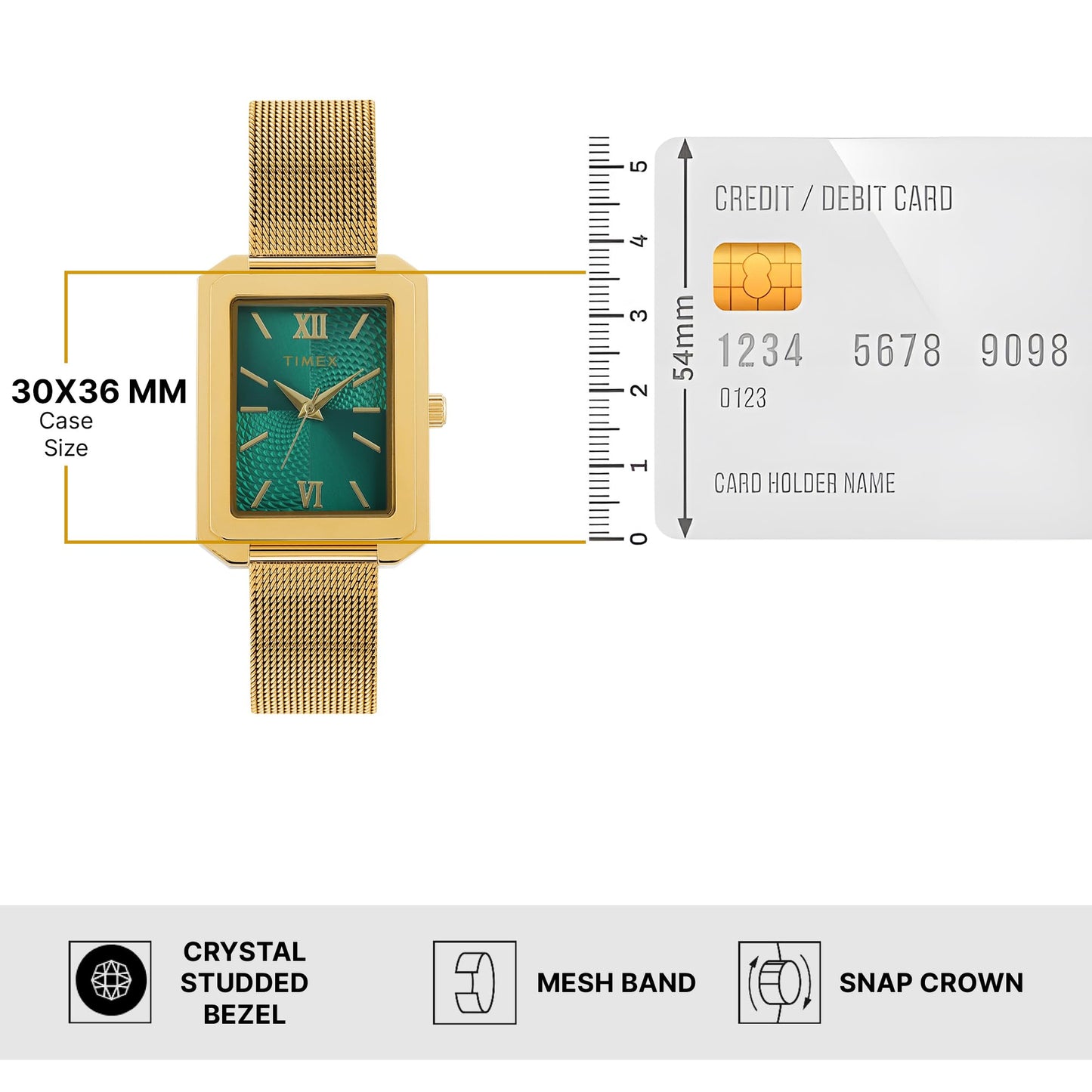 TIMEX Analog Watch for Women with Green Dial & Gold Stainless Steel Bracelet Band - Water Resistant Women's Wrist Watches -TWEL233SMU04