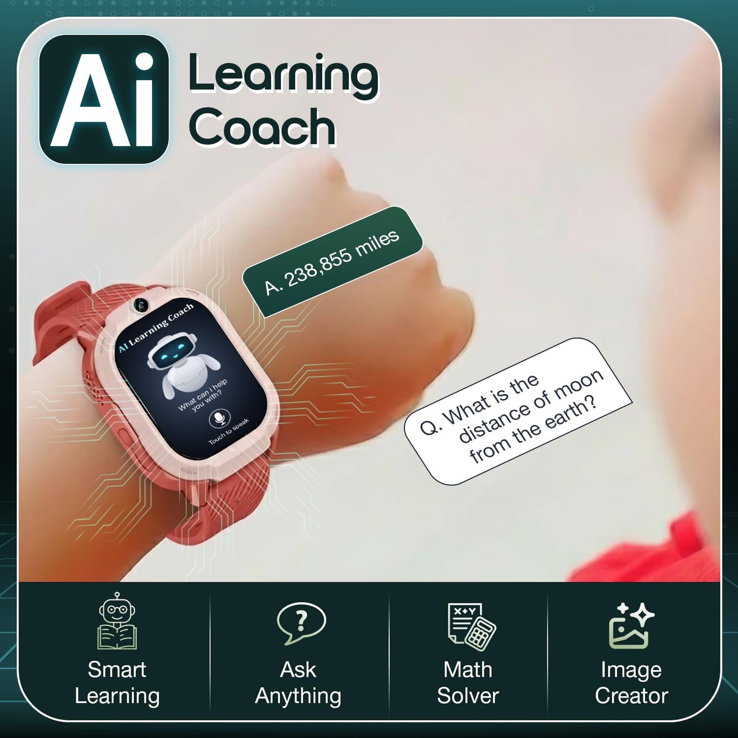 Sekyo 'Neo AI' Kids Smart Watch with AI Learning Coach | Whatsapp, Video Call, GPS Tracker, Activity Tracker, Habit Coach |App Store, Edu-Games, Step Counter, Camera, SOS, 4G/5G Sim Card |Parental App