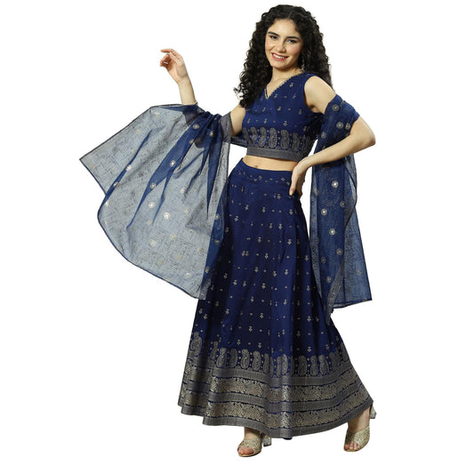 Rangriti Women Indigo Cotton Blend Woven Straight Lehenga Choli Set_42