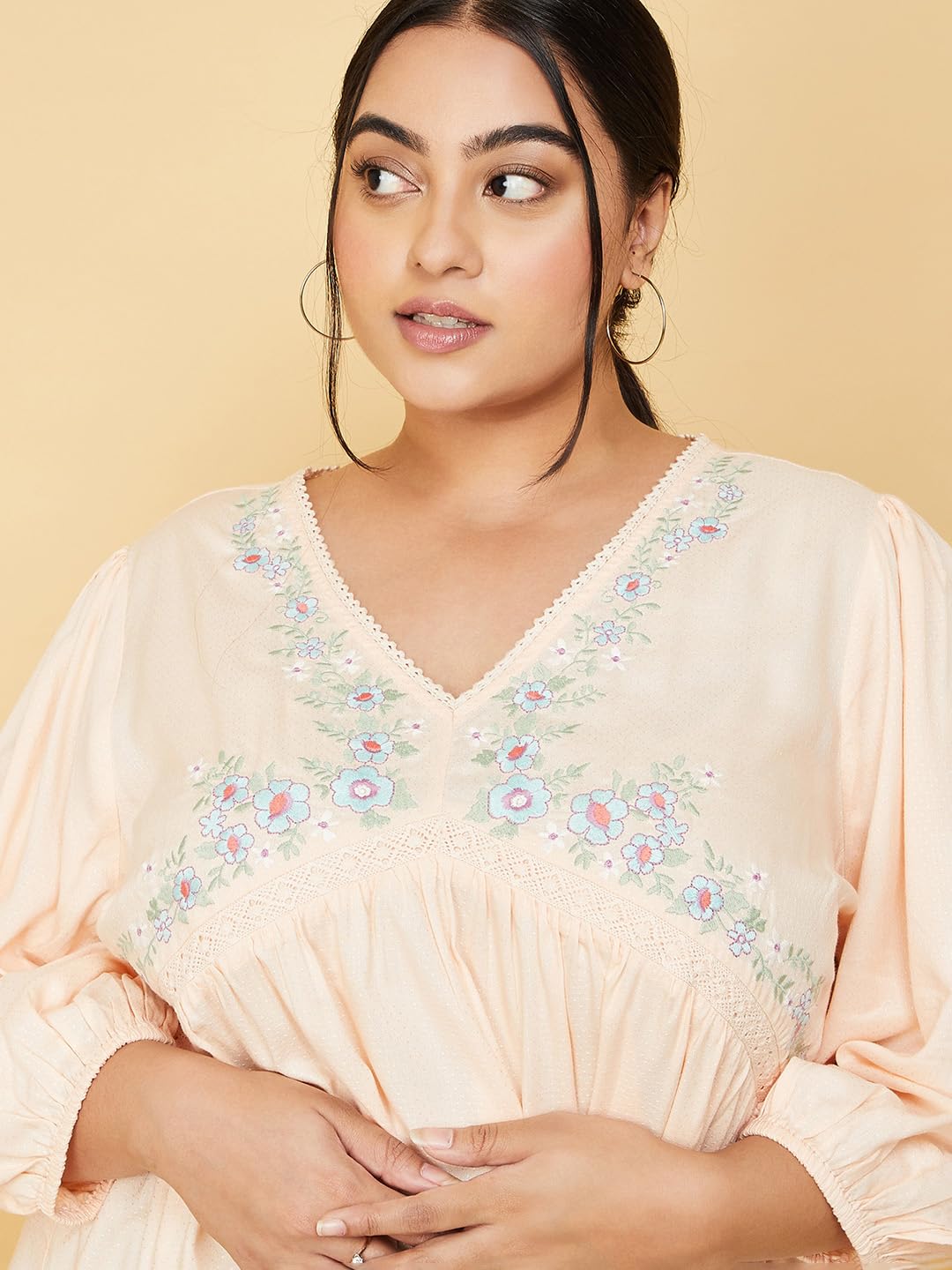 Max Women Plus Size Rayon Embroidered V-Neck Tunic (TNC3204P_Peach)