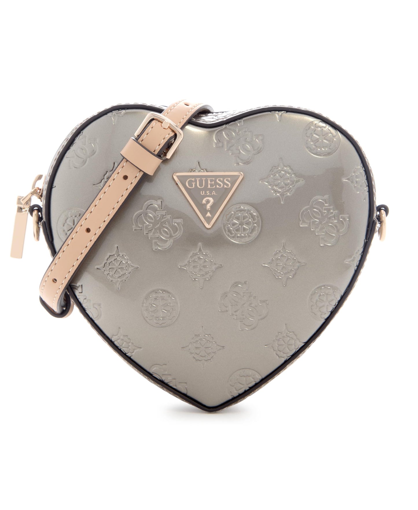 GUESS Pewter Logo Textured Arnela Mini Heart Shape Crossbody Bag