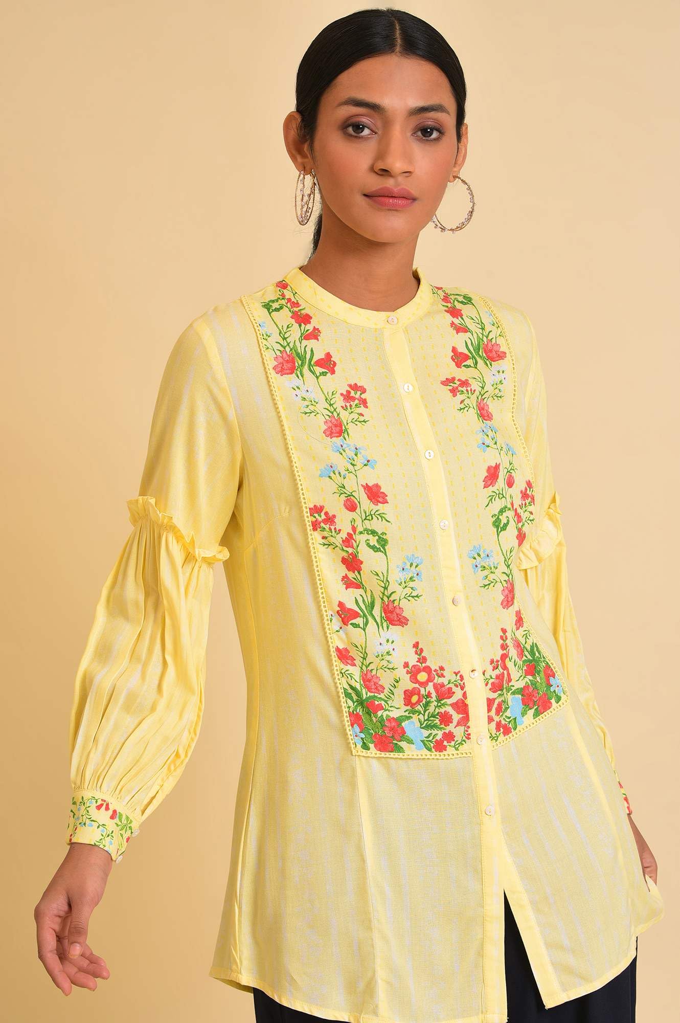 W for Woman Yellow Floral Printed Top (Size: XS)-23FEW31316-119859