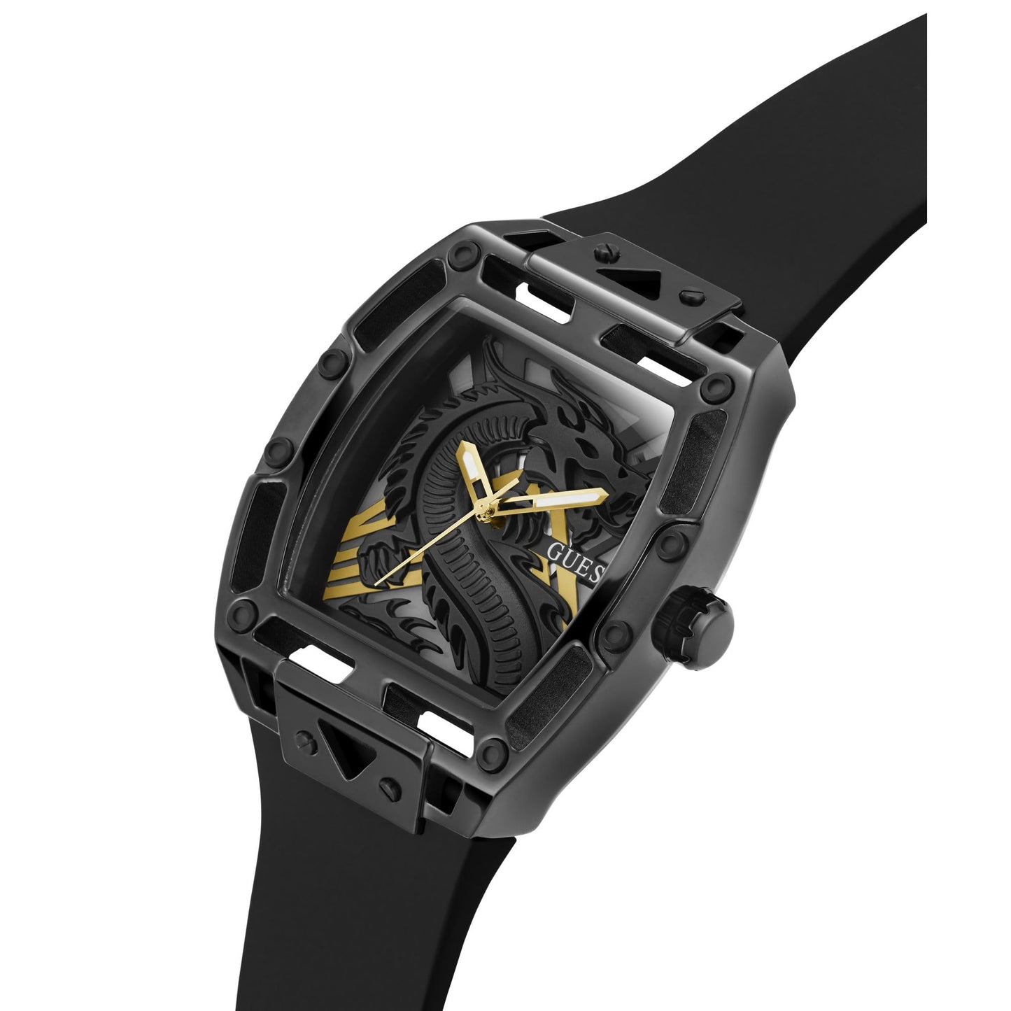 GUESS Silicone Men 44Mm Analog Watch - Black Strap Black Dial Black Case, Black/Black/Gold, Classic, Black Band