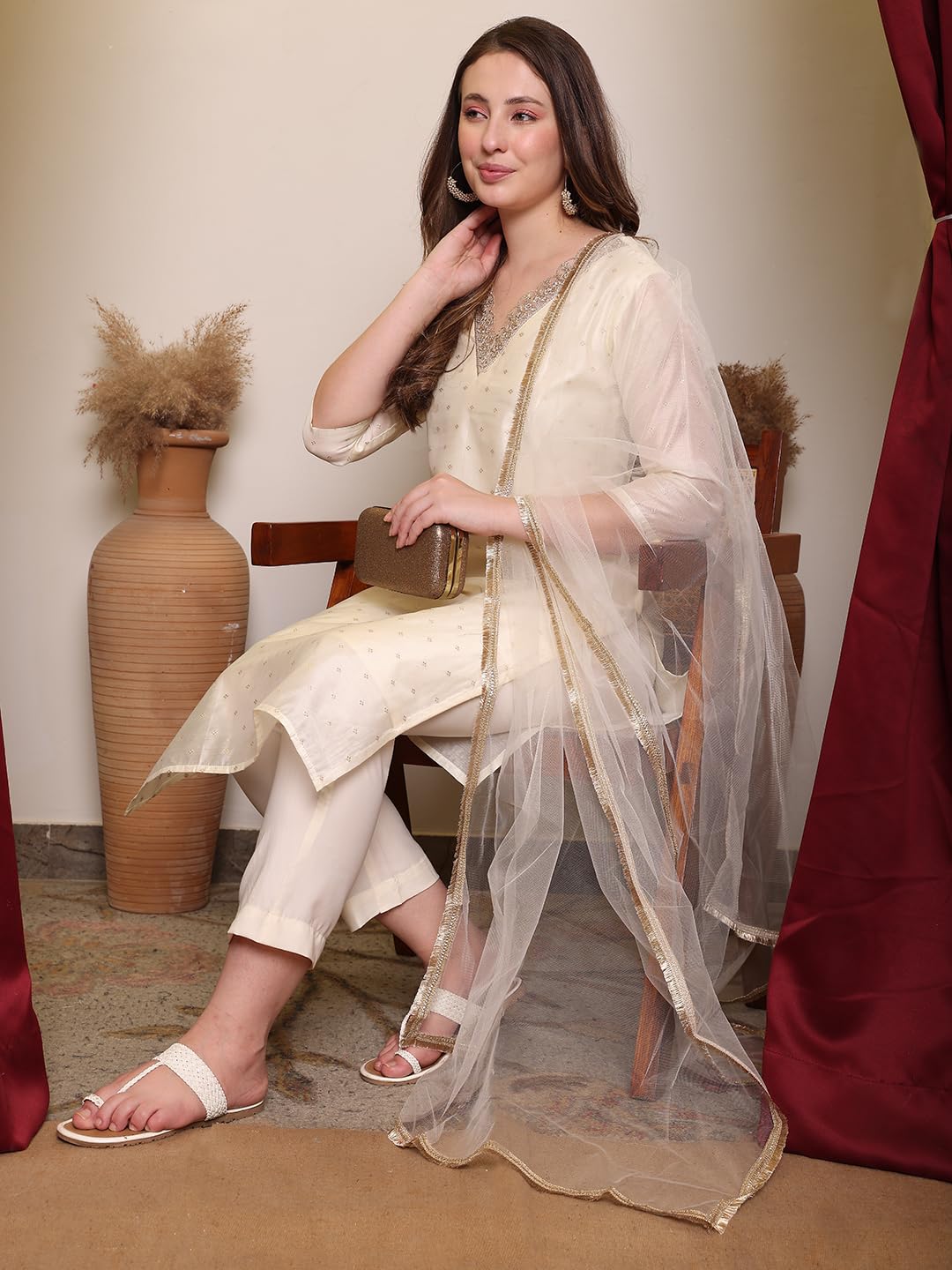 FABIAN FASHION Women’s Off-White Chanderi Straight Kurta Set with Pant & Net Dupatta | Sequinned Embroidered Ethnic Wear Kurta Pant Dupatta Set (ES_7539_OFF WHITE_L)