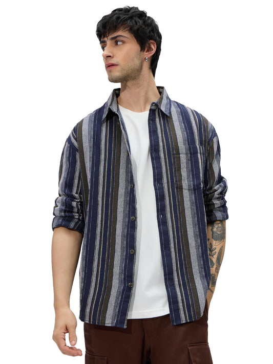 The Souled Store Stripes: Blue, Brown Men and Boys Long Sleeves Collared Neck Button Front Regular Fit Cotton Shirts