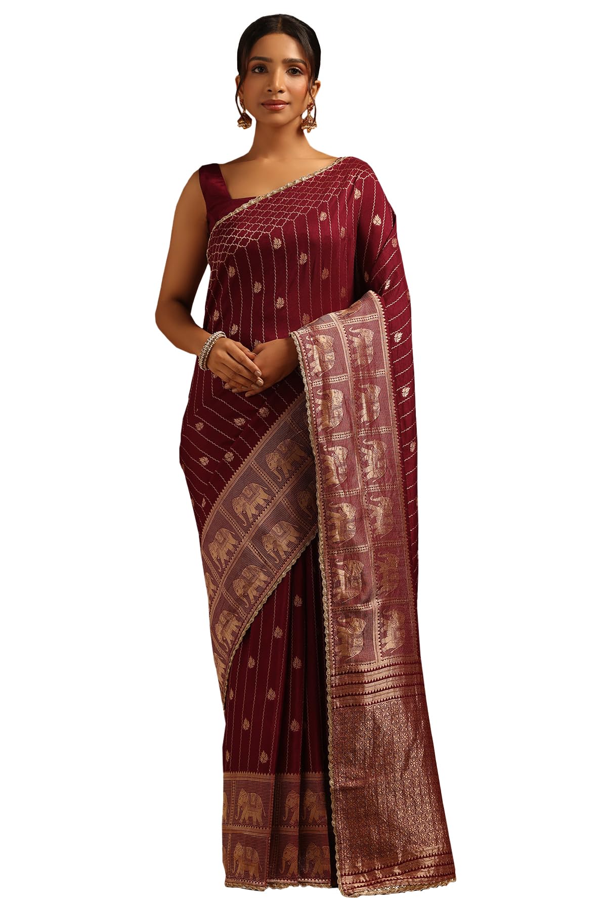 Soch Womens Wine Dola Silk Ethnic Motifs Zari Woven Saree