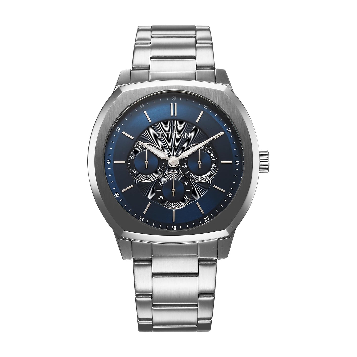 Titan Regalia Arc Analog with Day Date Second Subdial and Blue Dial Stainless Steel Strap Watch for Men - 90213SM01