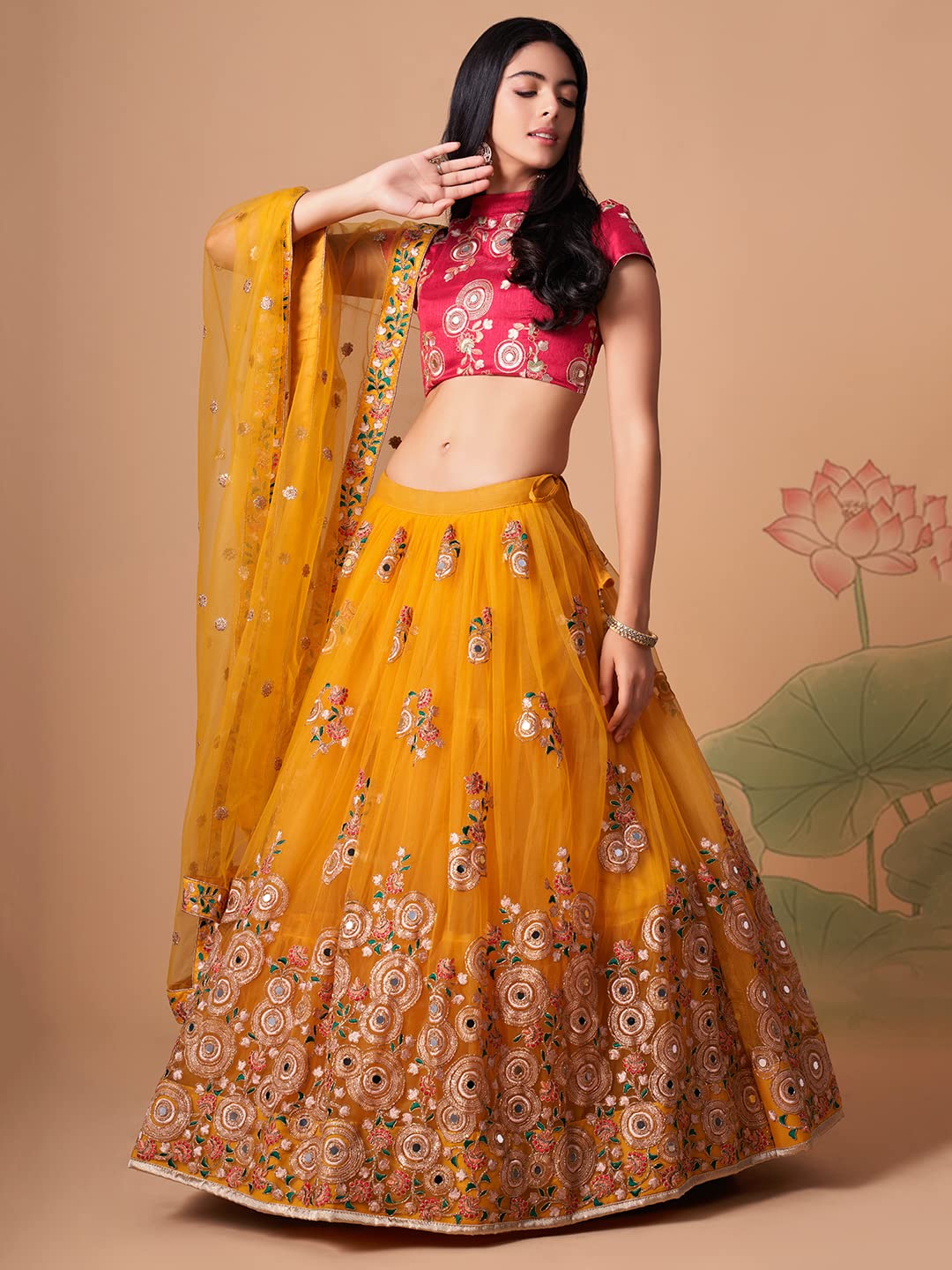 Zeel Clothing Women's Net Embroidered Semi-Stitched Bridal New Lehenga Choli with Dupatta (7324-Yellow-Wedding-Bridal-Latest; Free Size) (Yellow)