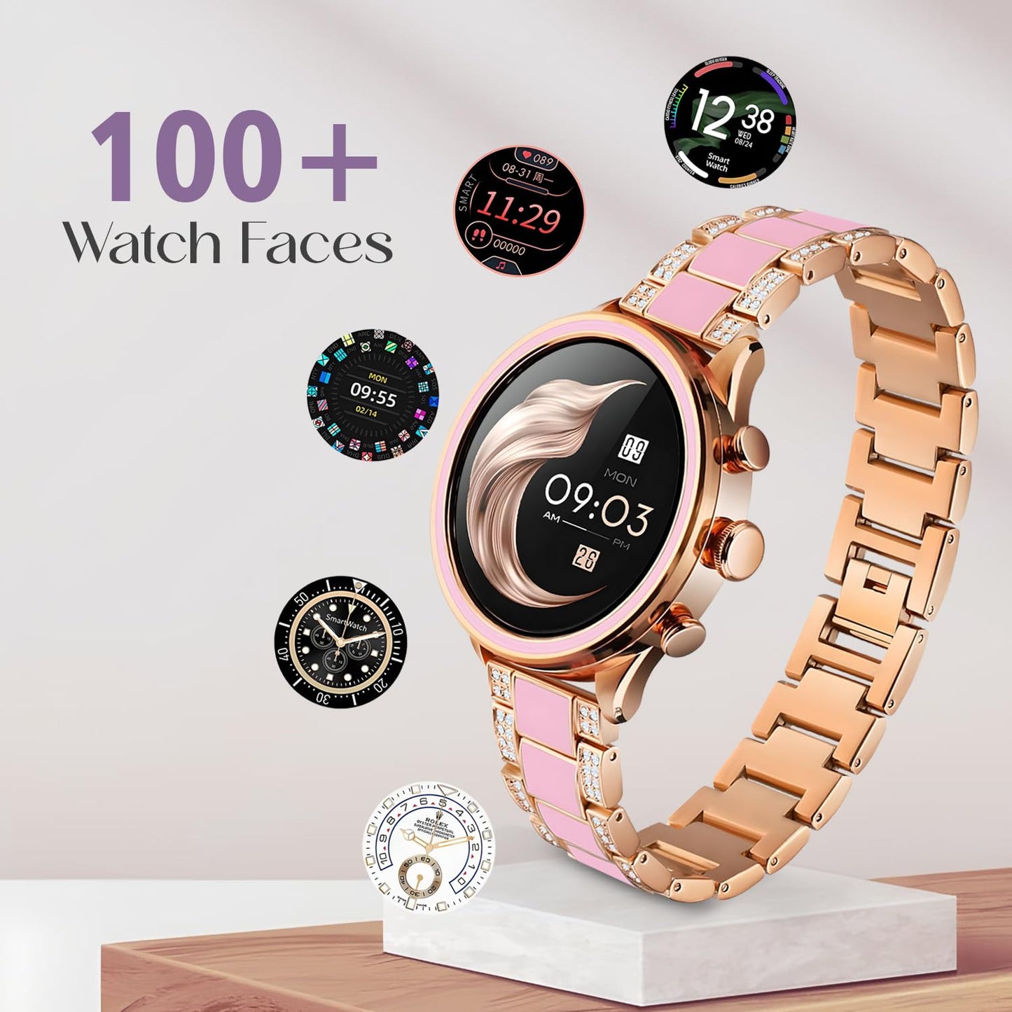GameSir PF-11 Newly Launched Smartwatch with Metal Strap Health Monitoring, Activity Tracker, HD Display, Bluetooth Callling Watch, Luxury & Round Dial Smart Watch for Women & Girls-Rose Gold
