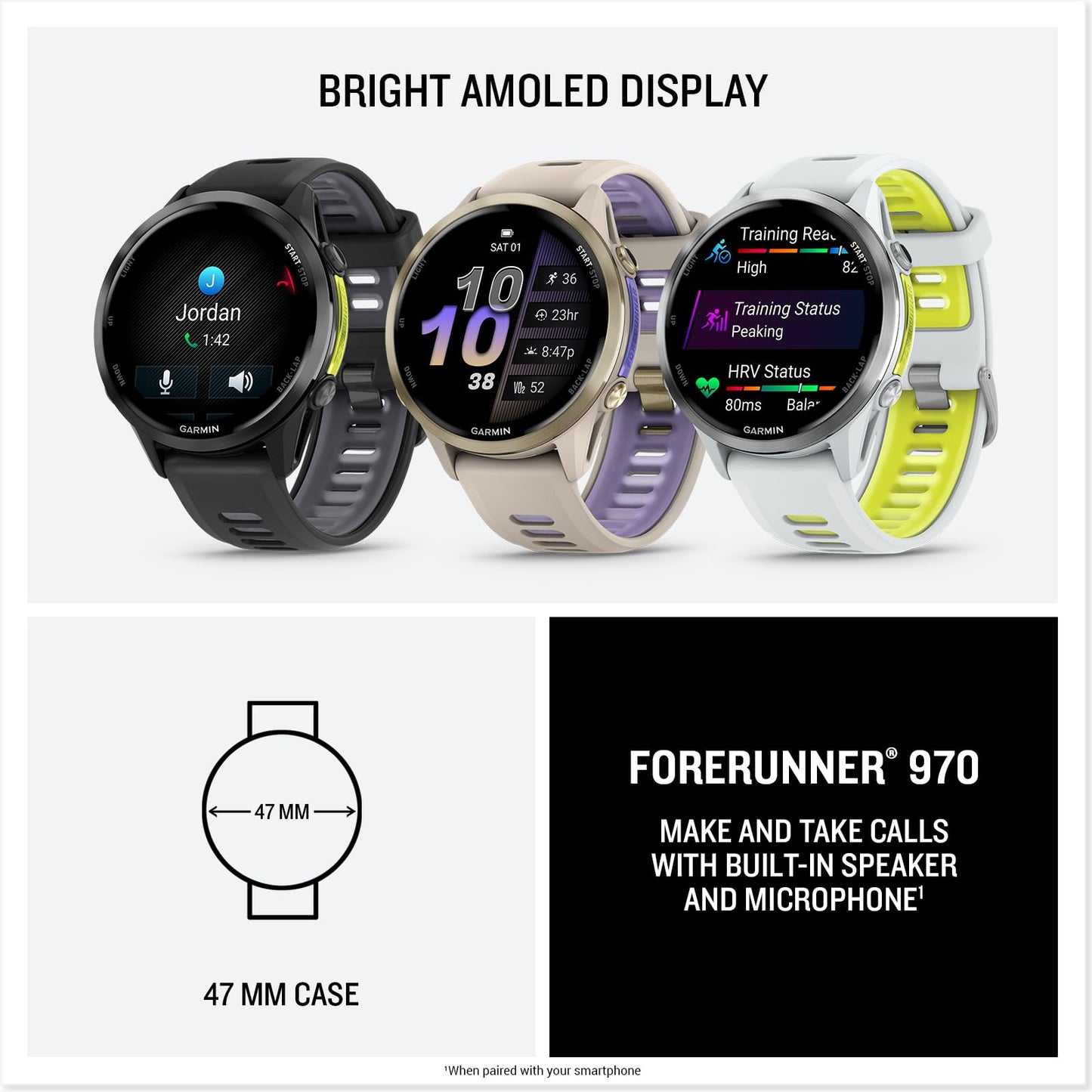 Garmin® Forerunner® 970, Premium GPS Running and Triathlon Smartwatch, AMOLED Display, Built-in LED Flashlight, Soft Gold Titanium with French Gray Case and French Gray/Translucent Indigo Band