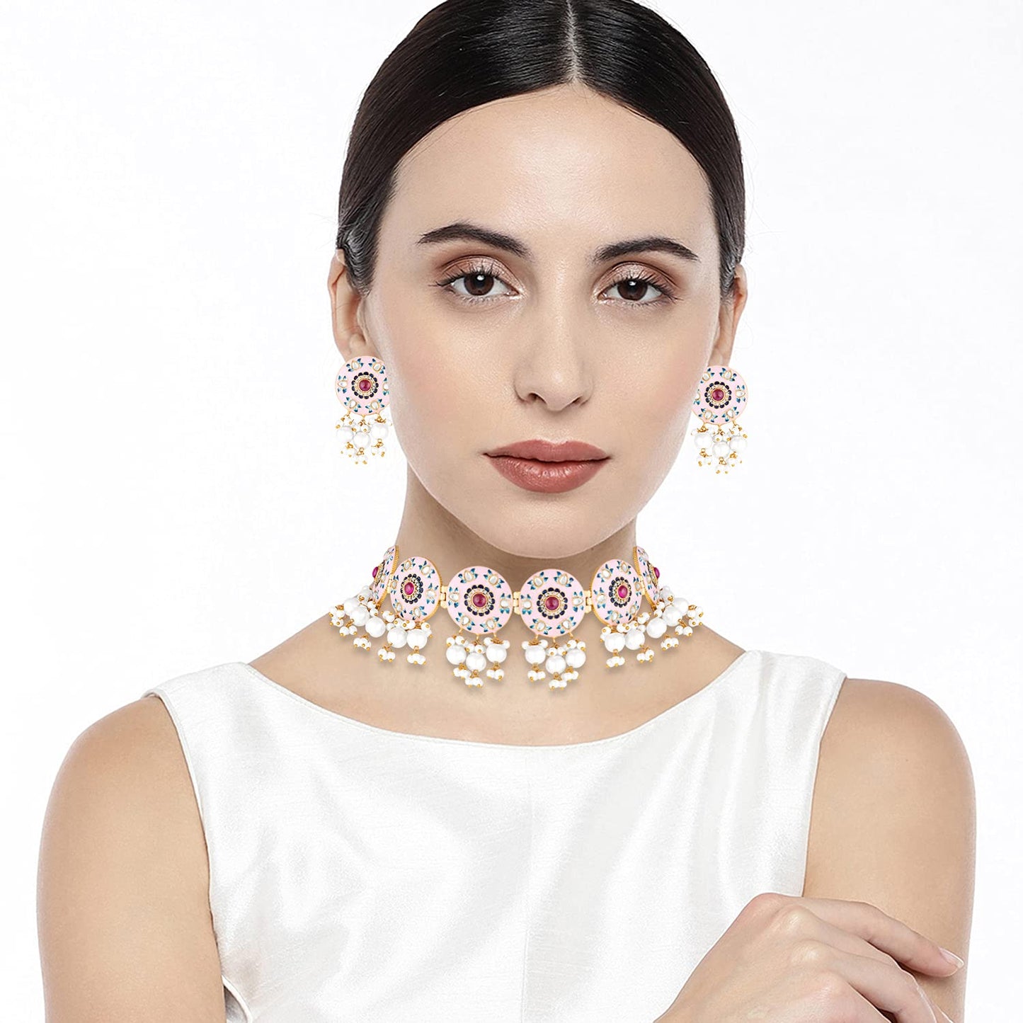 Peora Original Handcrafted Pink Meenakri Choker Necklace with Earrings Jewellery Set for Women