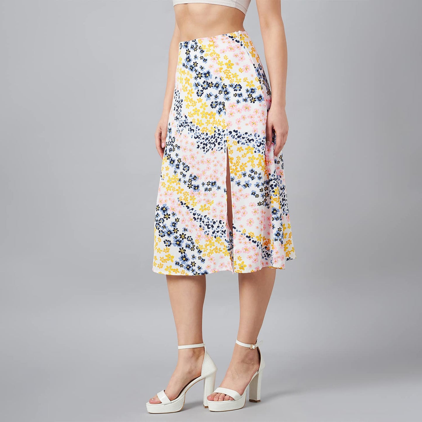 Marie Claire Women Casual White Colour Floral A-Line Skirt (MC2382_White_L)