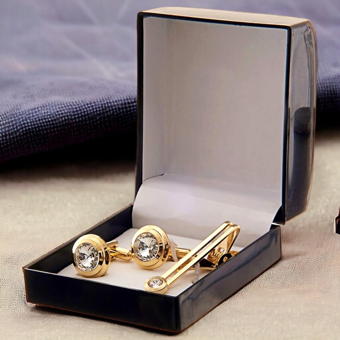 Lucky Jewellery Unique Men Jewelry White Stone Gold Plated Sleeve Button Formal Cuff Button Wedding Shirt Button, Suit, Blazer Cufflinks with Matching Tie Pin Gift Set for Men (307-M4C5-CR10MMT-W)