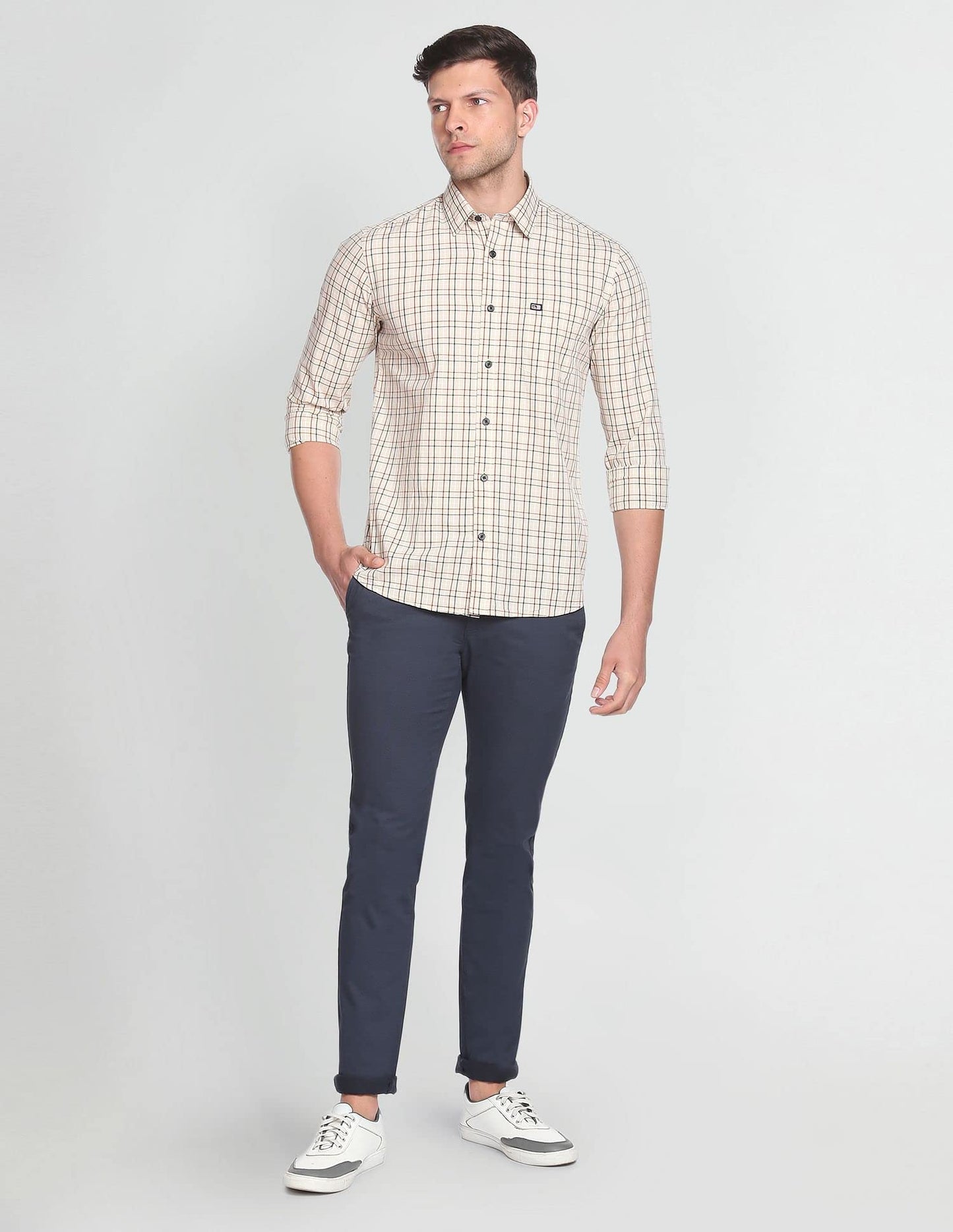 Arrow Men's Checkered Full Sleeve Slim Fit Point Collar Cotton Casual Shirt Beige