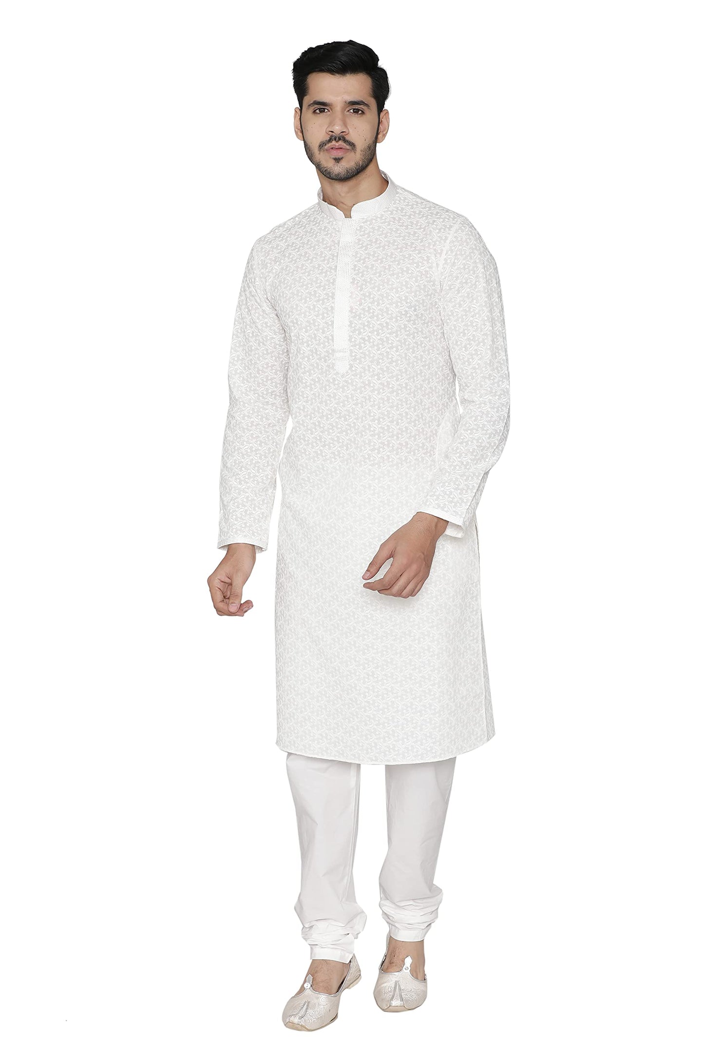 Manyavar Embroidered Knee Long Full Sleeves Kurta and Churidar Set For Men - (Cream, X-Large)