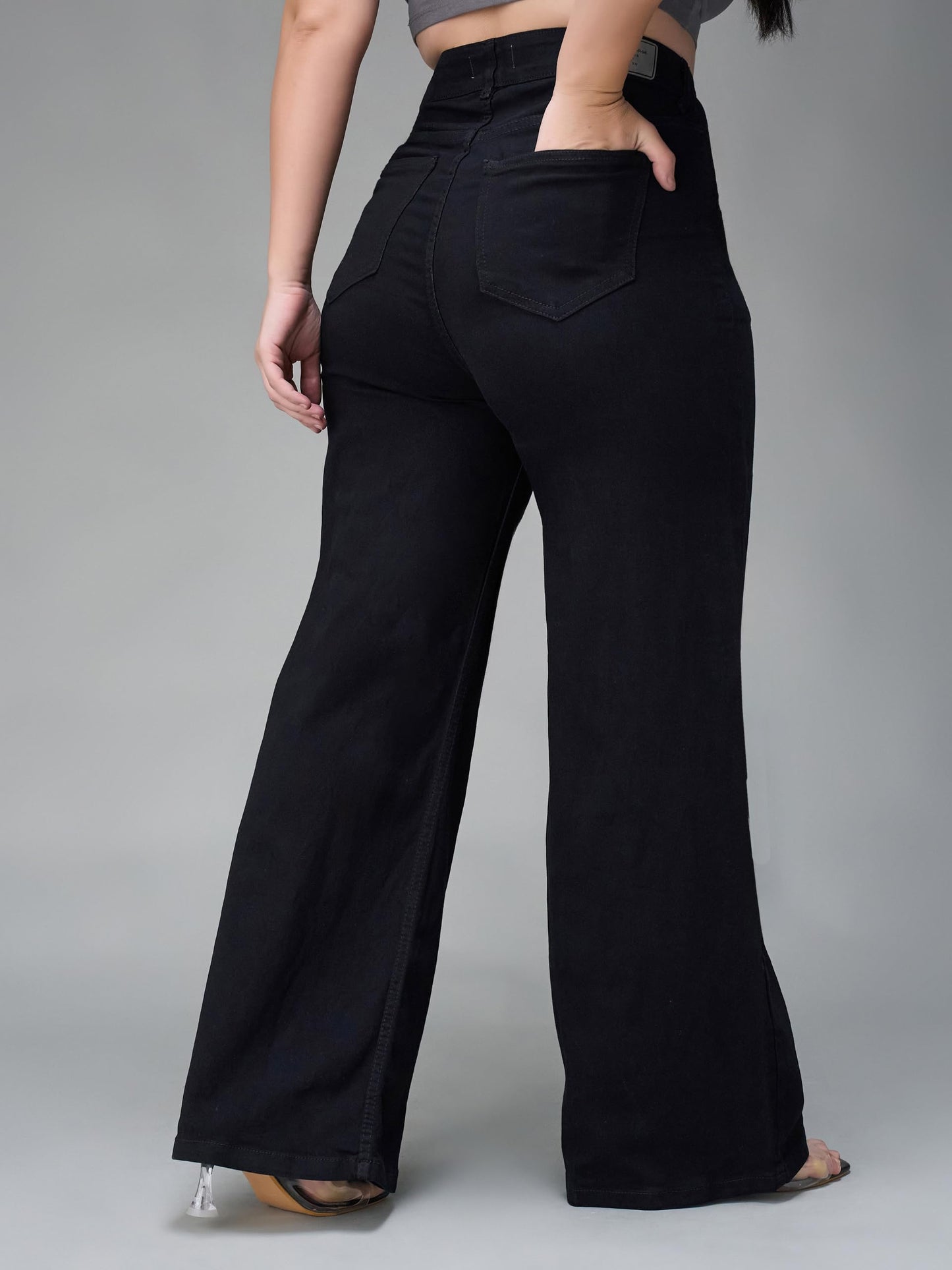 Miss Chase A+ Women's Wide Leg High Rise Regular-Length Stretchable Denim Jeans (APSS23DEN12-53-884-30, Hematite Black, 30)