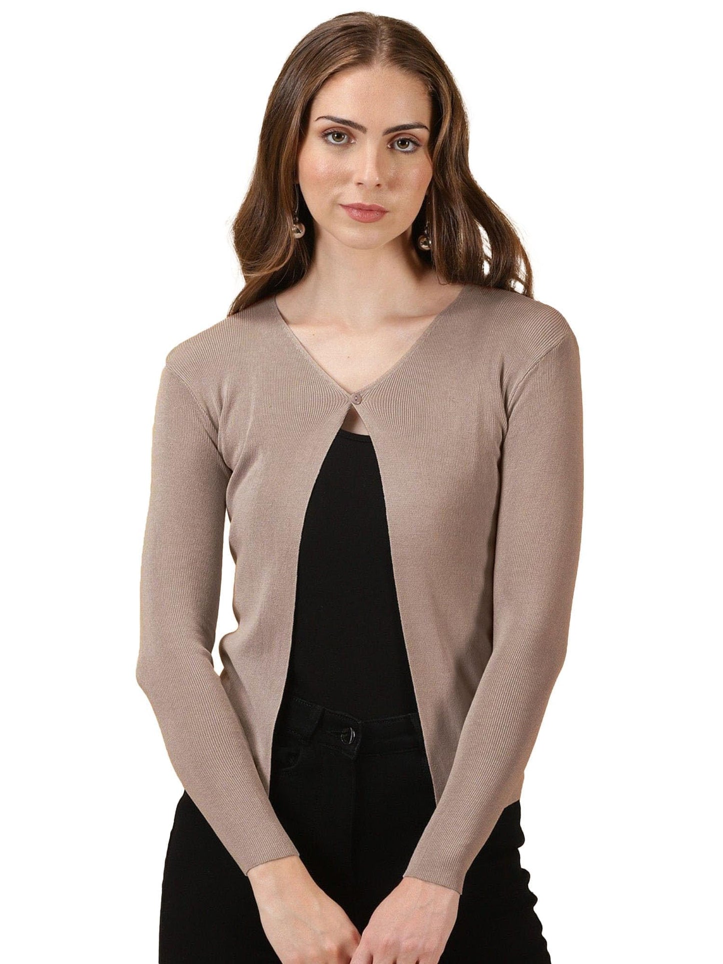 ICW Women's Acrylic Knitted Ribbed Cardigan Front-Open Top Full Sleeve Shrug Jacket for Girls ((ONE Size XS-S-M-L)(Bust Size 30-38 Inch) (in, Alpha, S, Regular, Nude Beige)