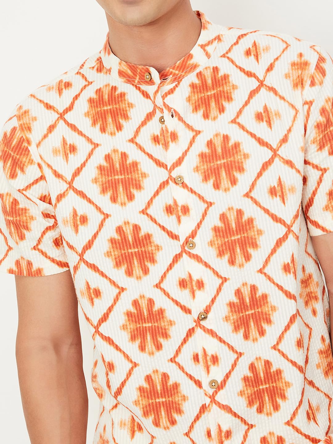 Men Printed Short Kurta, Off White, M