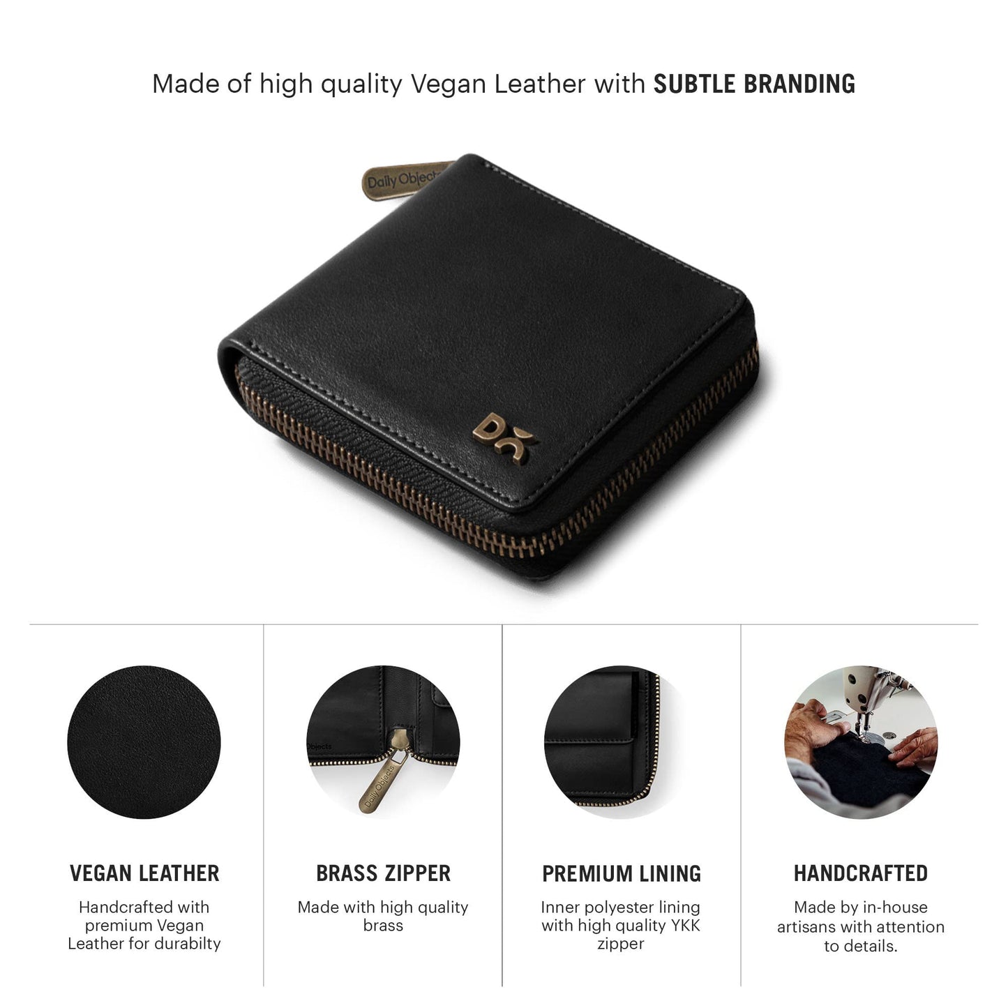 DailyObjects Black Women's Zip Wallet | Made with Vegan Leather Material | Carefully Handcrafted | Holds up to 8 Cards | Slim and Easy to Fit in Pocket | Coin Pocket with Button Closure
