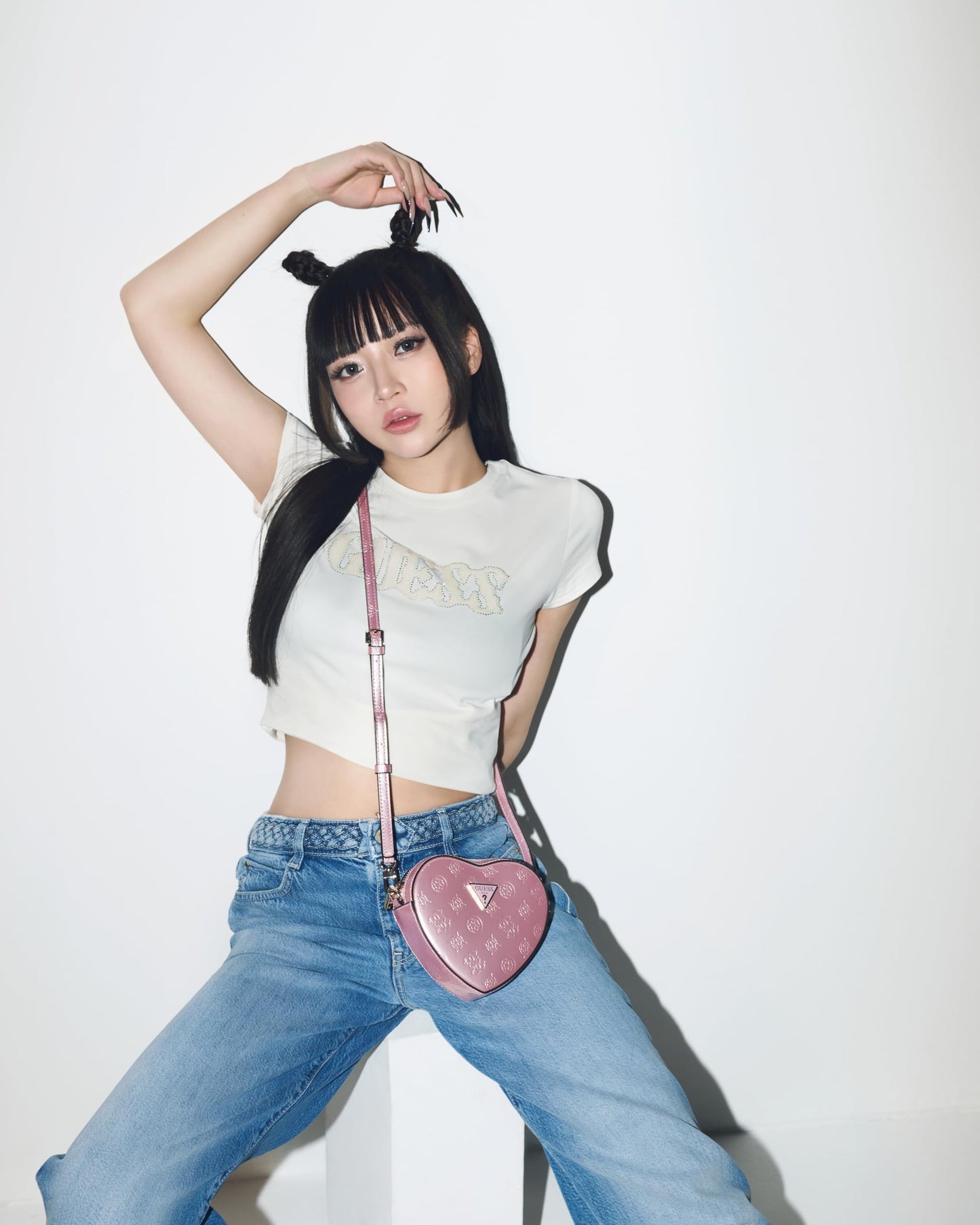 GUESS Pewter Logo Textured Arnela Mini Heart Shape Crossbody Bag