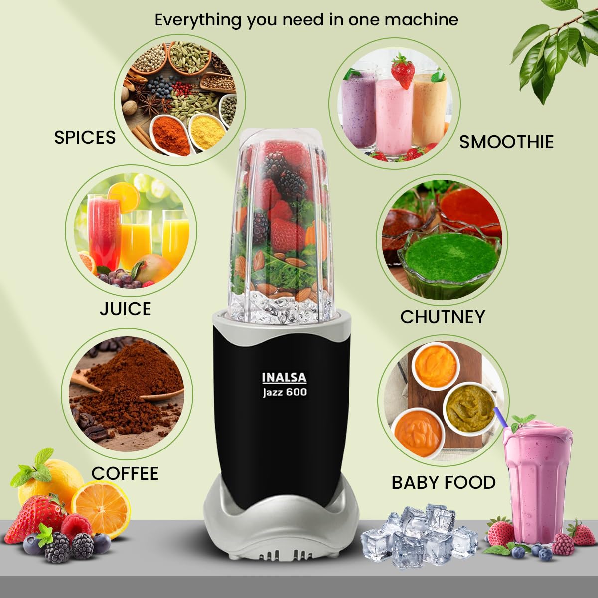 INALSA Blender Mixer Grinder|5 Jar & 600 W Copper Motor| Blenders for Smoothies and Juices| Smoothie Maker Blender|Nutri Blender |3 Blades Including Froth Blade|2Yr Warranty,Jazz 600