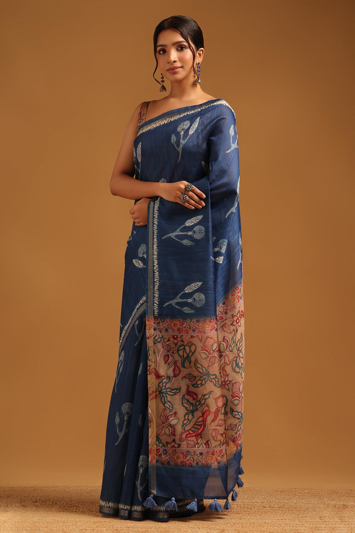 Soch Womens Navy Blue Tussar Botanical Saree
