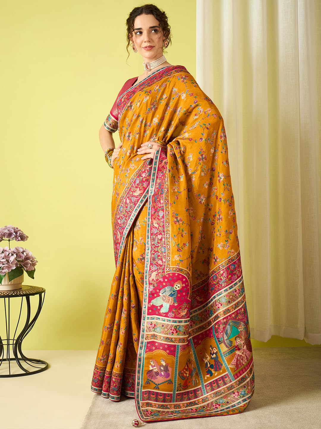 AKHILAM Women's Mustard Viscose Silk Ethnic Motif Printed Saree With Unstitched Blouse Piece (MSTANI158A_HS)