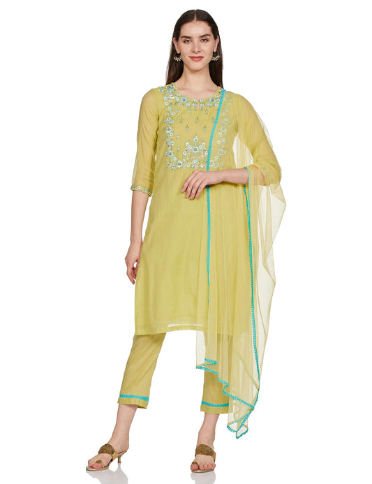 BIBA WOMEN YARNDYED NARROW SALWAR KURTA DUPATTA(SKD7456E_SAGE GREEN_36)