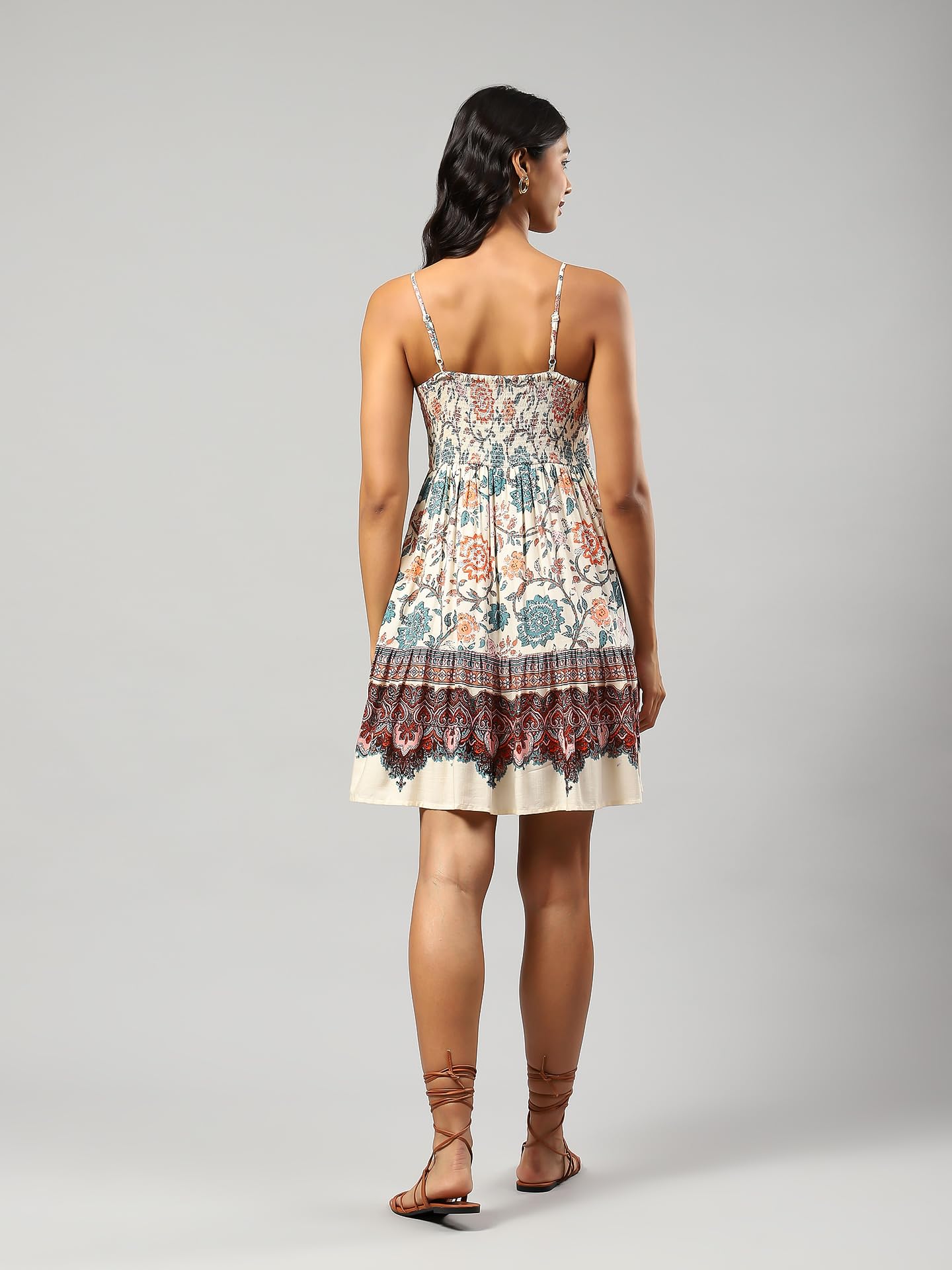 Label RITU KUMAR Strappy Printed Short Dress Ecru