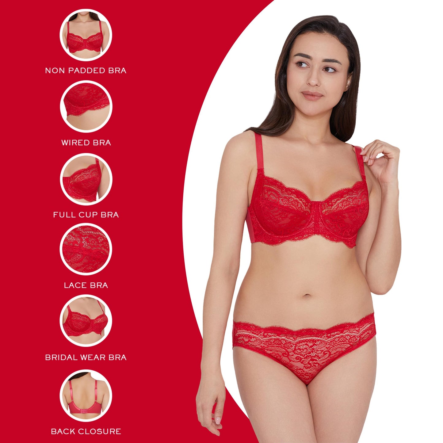 India Essential Lace Non Padded Wired Full Cup Lace Bra(Red, 34D)