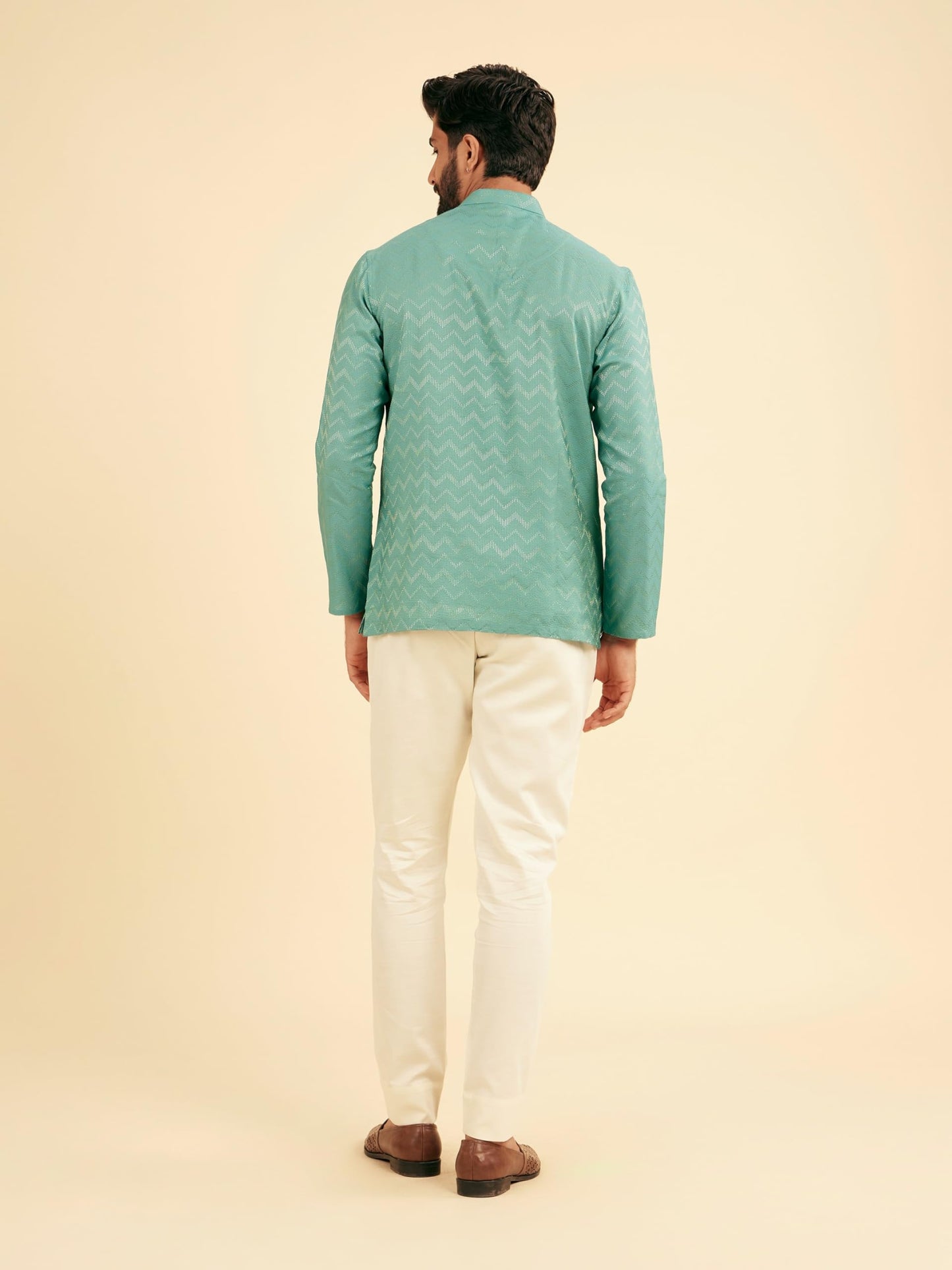 Manyavar Men's Viscose Blend Textured Short Kurta (Aqua Green,XL)