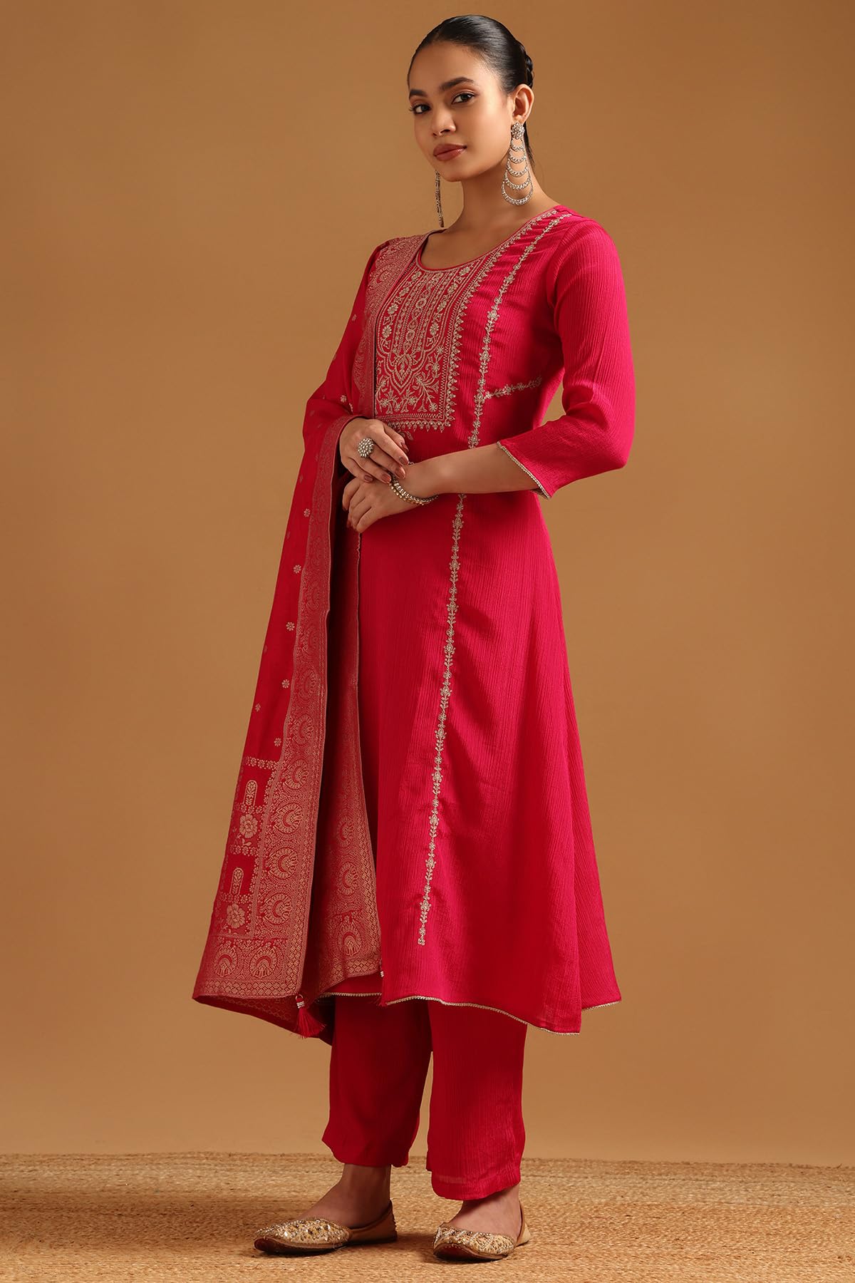Soch Womens Fuchsia Chinon Ethnic Motifs Salwar Suit With Zari