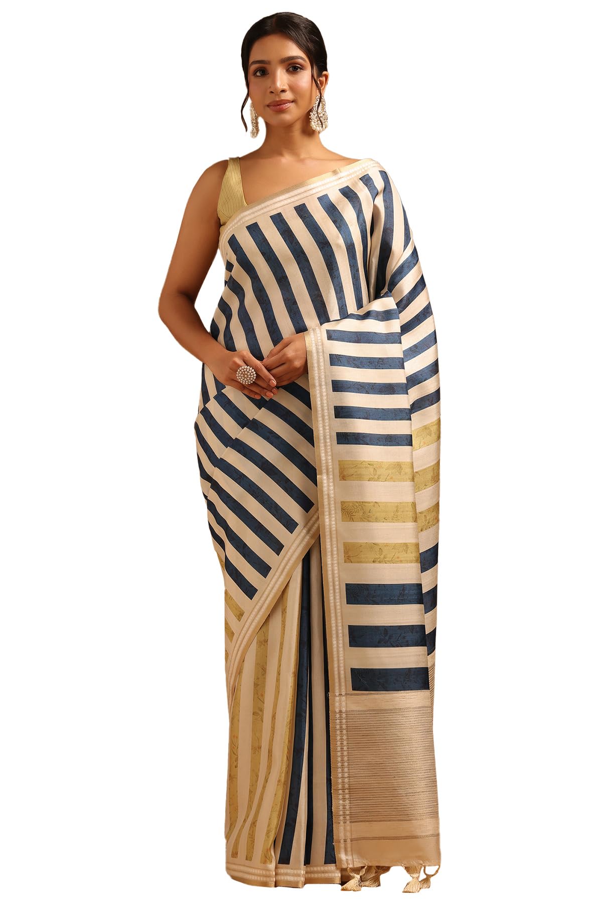 Soch Womens Cream Tussar Striped Saree
