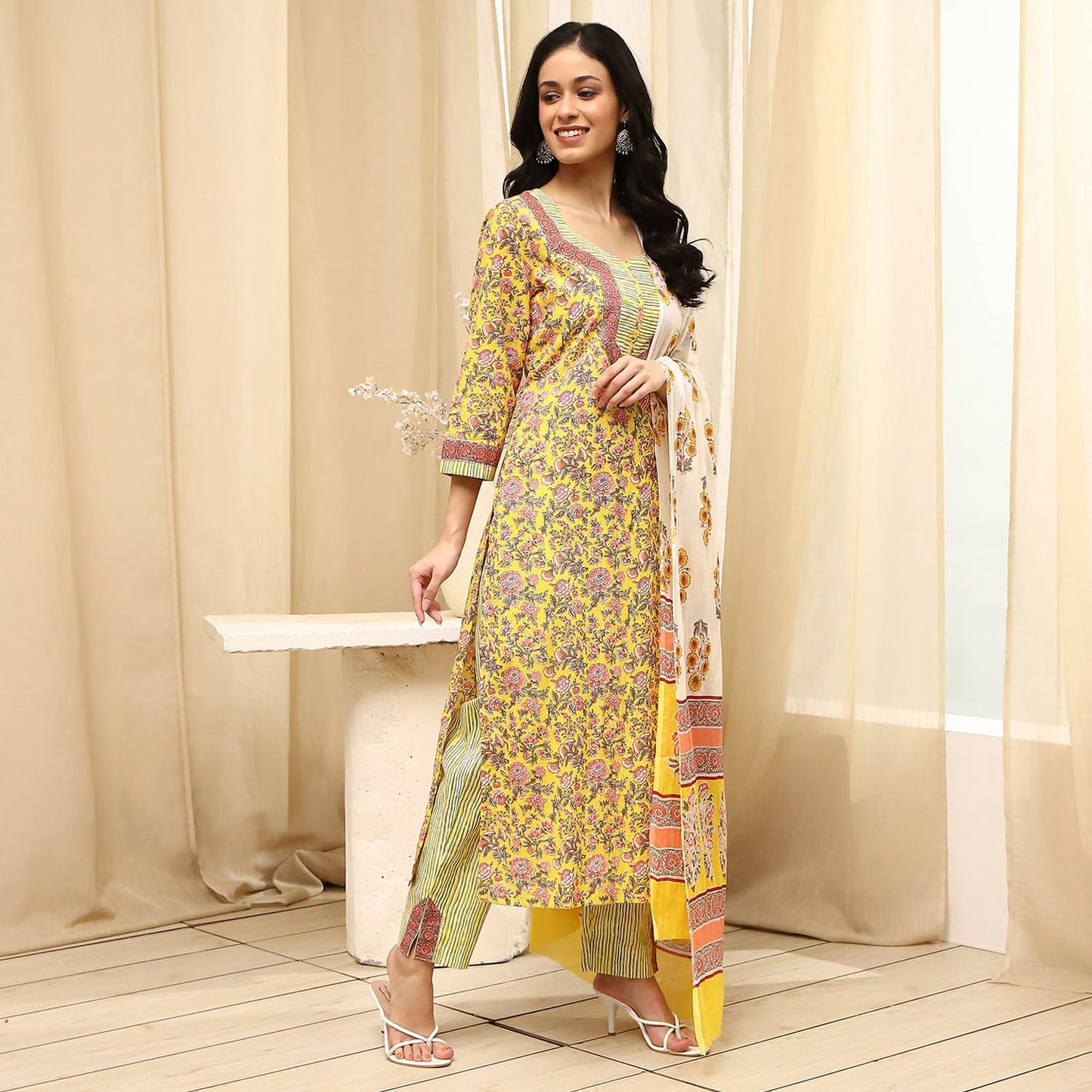 BIBA Women Yellow Cotton Screen Print Unstitched Suit Set_FREE SIZE