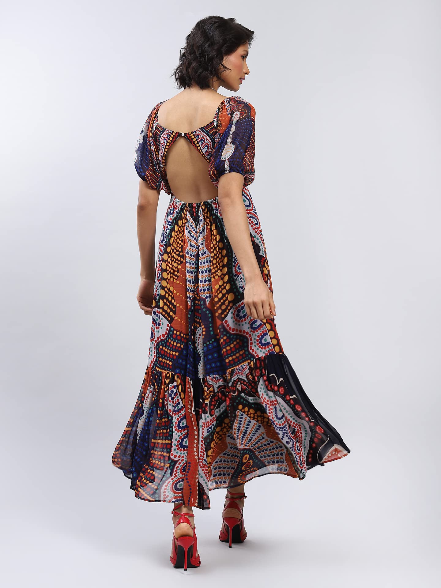 Label RITU KUMAR Sweetheart Neck Printed Long Dress Black